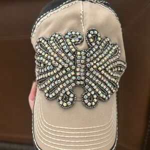 Elegant Tan Hat with Crystal Embellishment